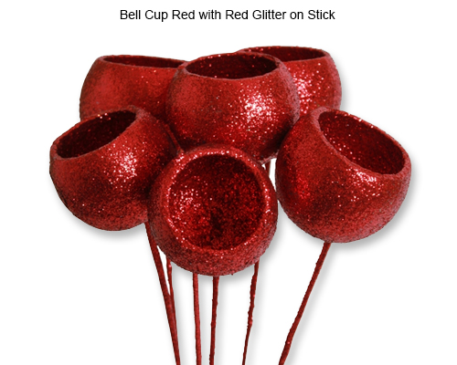 Bell Cup Pods Red Glitter on Stick - Christmas Decorations Wholesale