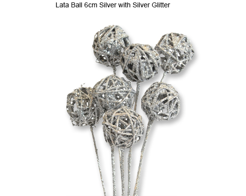 Lata Ball 6cm Silver Sparkle on Stick